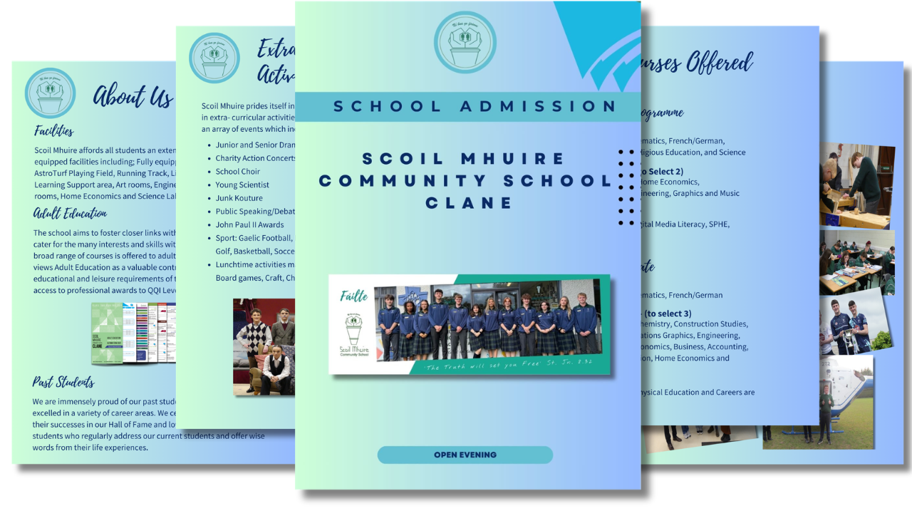 School admissions prospectus for Scoil Mhuire Community School Clane, featuring school information, facilities, extracurricular activities, courses offered, photographs of students, and an open evening invitation.