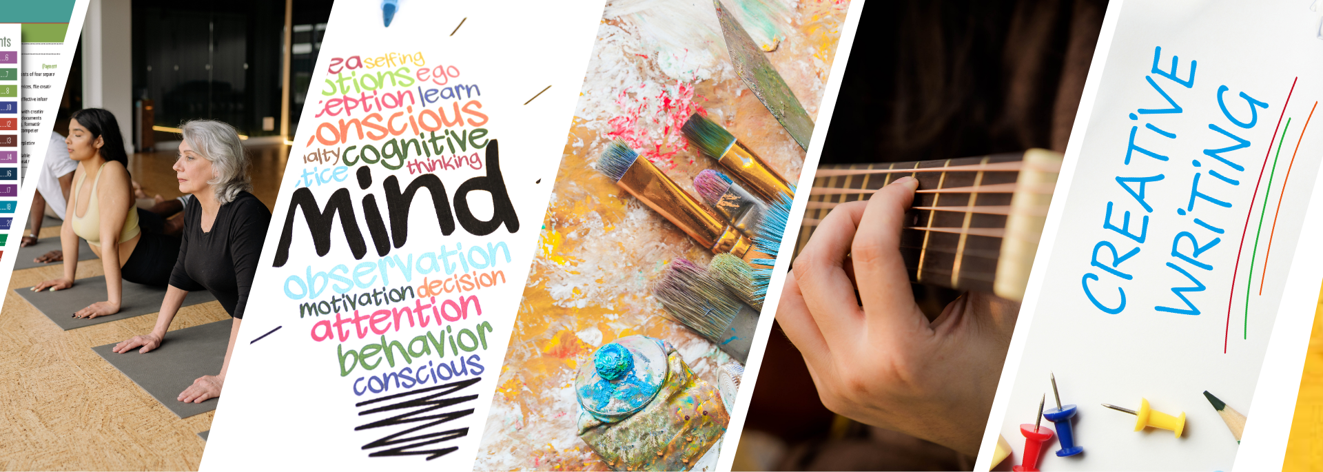 A collage showing women doing yoga, a colourful word cloud in a lightbulb shape, paintbrushes and paint, someone playing guitar, and a page titled Creative Writing with drawing pins.