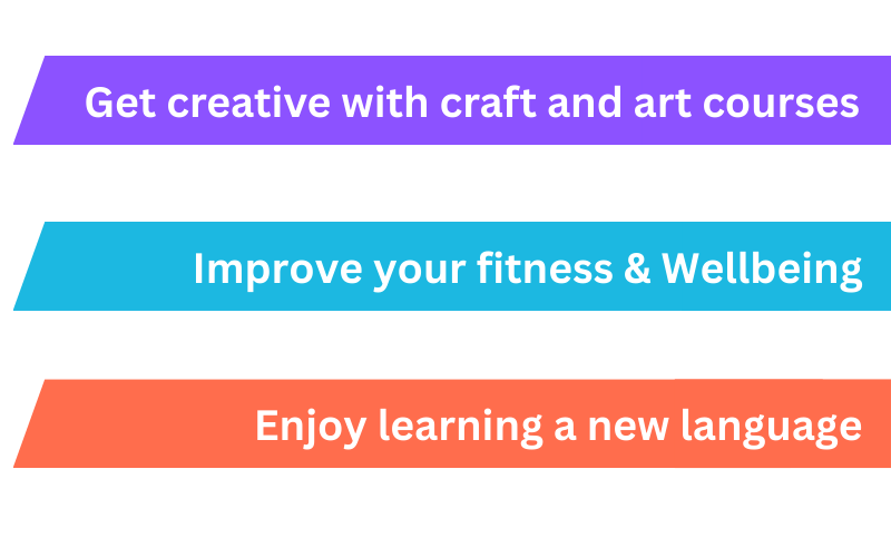 Three colourful banners with text: Get creative with craft and art courses (purple), Improve your fitness & wellbeing (blue), and Enjoy learning a new language (orange) on a white background.