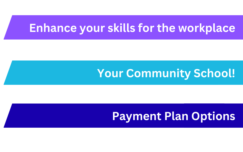 Three coloured banners with white text: Enhance your skills for the workplace, Your Community School!, and Payment Plan Options on purple, blue, and navy backgrounds, respectively.