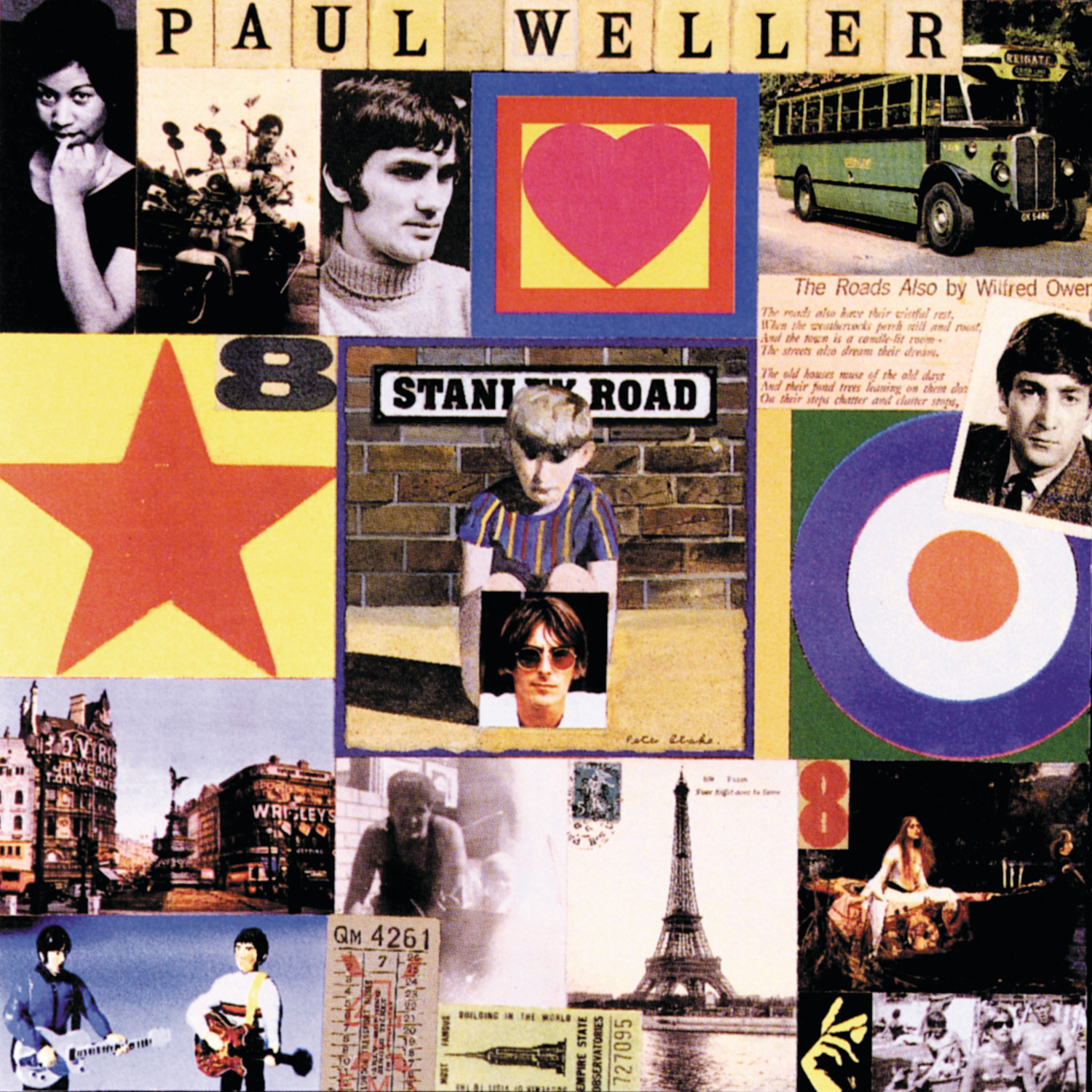 A collage featuring Paul Weller's name, various vintage photos, a red star, a heart, a target symbol, a bus, a building, the Eiffel Tower, and several images of people, capturing a retro, eclectic style.