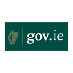 The image shows a green rectangle with a gold harp symbol on the left and the text gov.ie in white on the right, representing the Government of Ireland website.