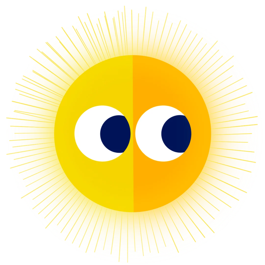 A bright yellow, circular face with two large, cartoonish eyes looking left, split into two shades down the middle, and surrounded by a glowing, radiating, spiky yellow halo.