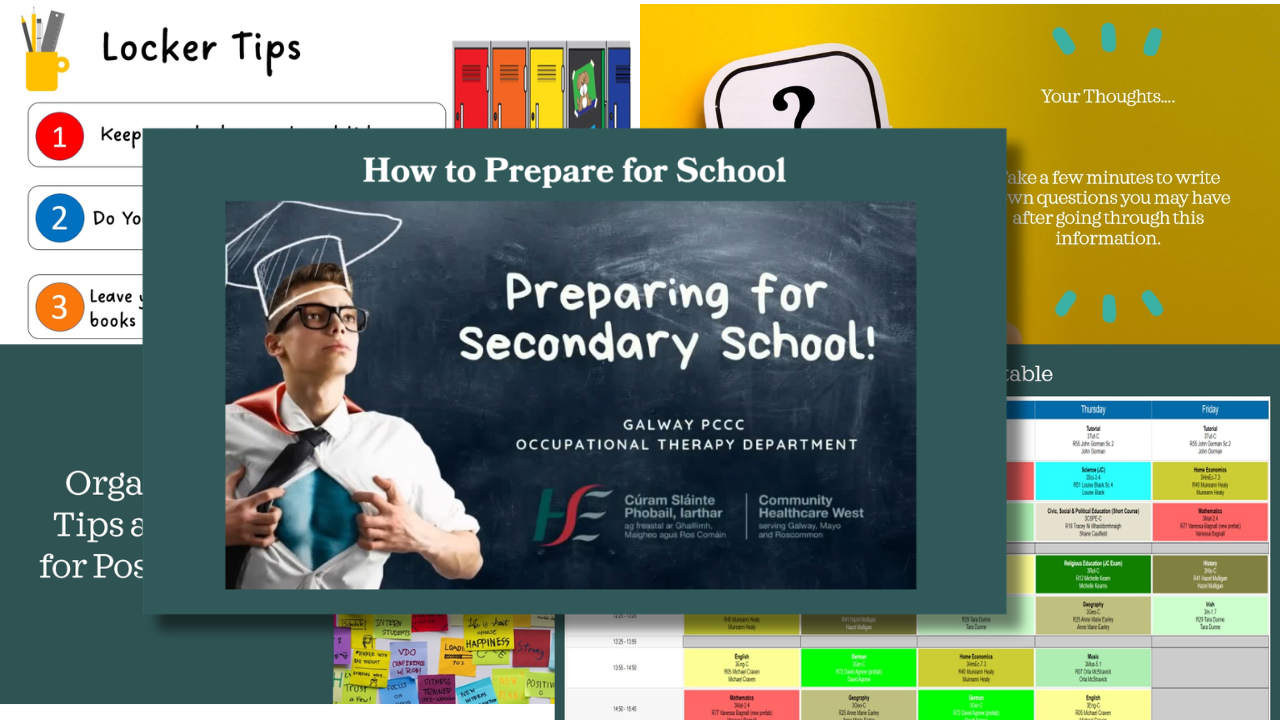 A presentation slide titled Preparing for Secondary School shows a pupil in a suit pulling open his shirt like a superhero, with cartoon-style graduation cap and chalkboard background. Various school tips and timetables are visible behind the slide.