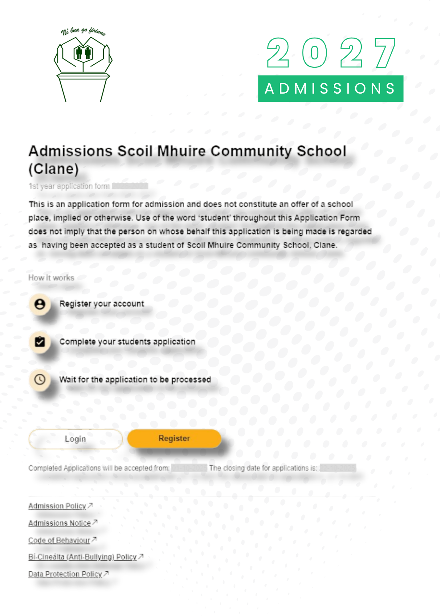 Online application form for 2027 admissions to Scoil Mhuire Community School, Clane, showing steps to register, complete the application, and wait for processing, with log in and register buttons visible.
