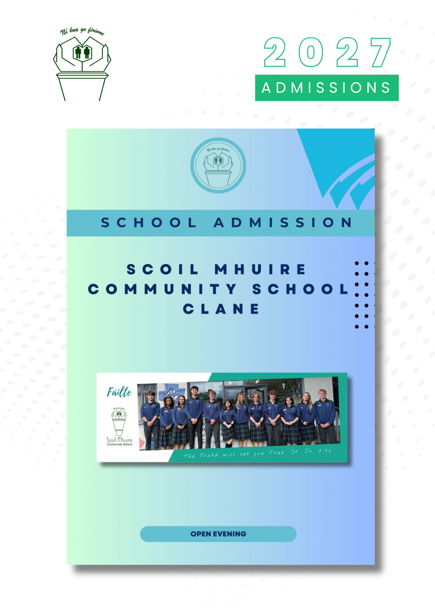 School admissions poster for Scoil Mhuire Community School Clane, highlighting 2027 admissions and an open evening. Includes a group photo of pupils in uniforms and the school crest at the top.